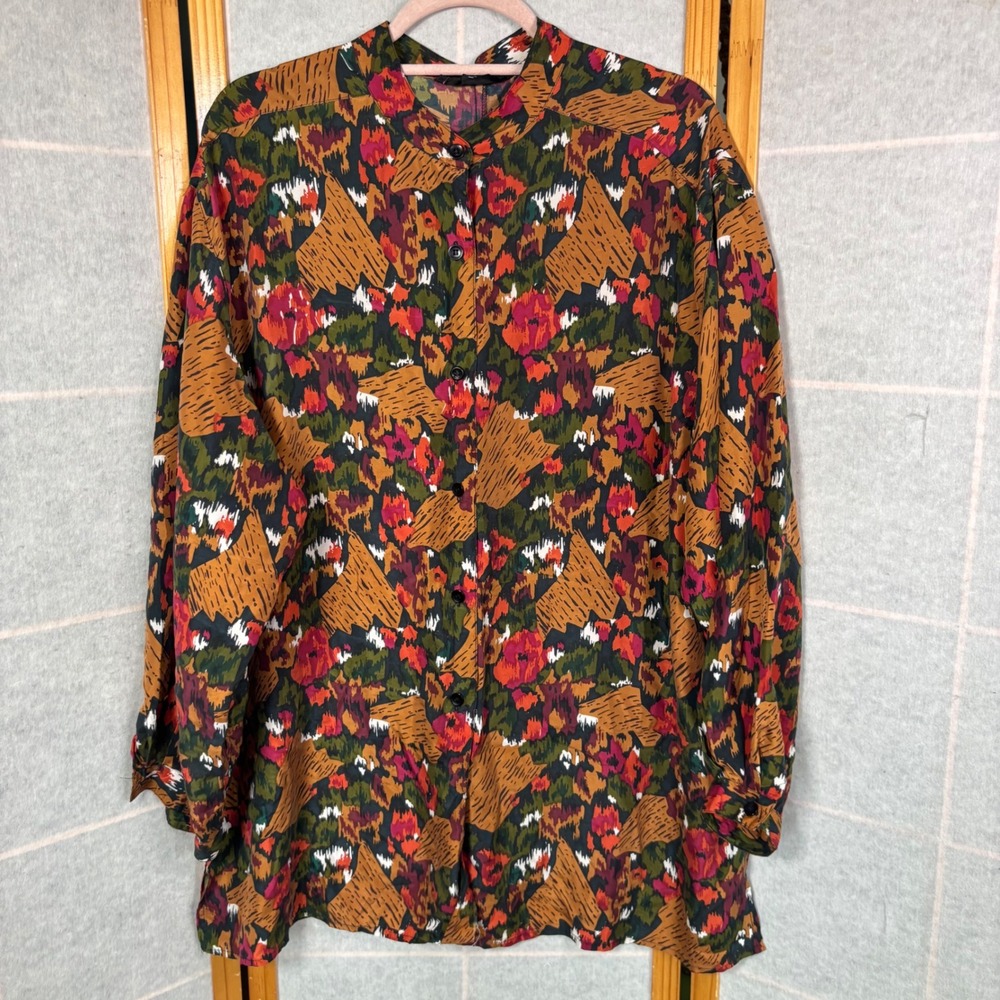 Laura & Jayne‎ Collection Silk Blouse 1X Multicolor Abstract Floral Button Down